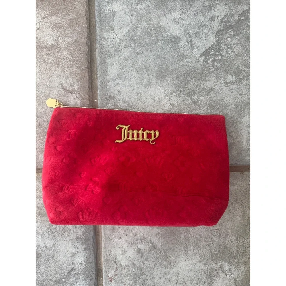 Juicy Couture Red Velour Cosmetic Bag Pouch Sparkle‎ Zipper Charm